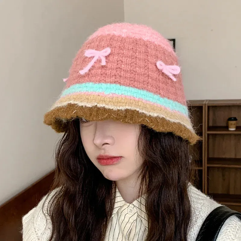 Bonnyshow Bowknot striped Crochet Korean Handmade Bucket Hat Women Autumn Winter Weaving Knitted Cap Y2k Fashion Woolen Beanies Basin Caps