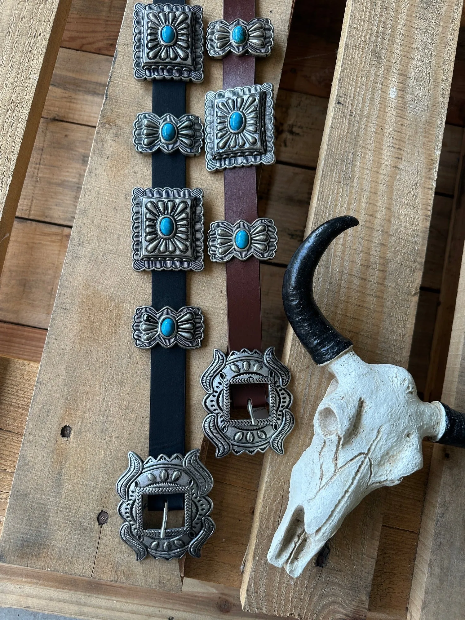 Bravado Antique Style Etched Silver Square Turquoise Stone Concho Belt