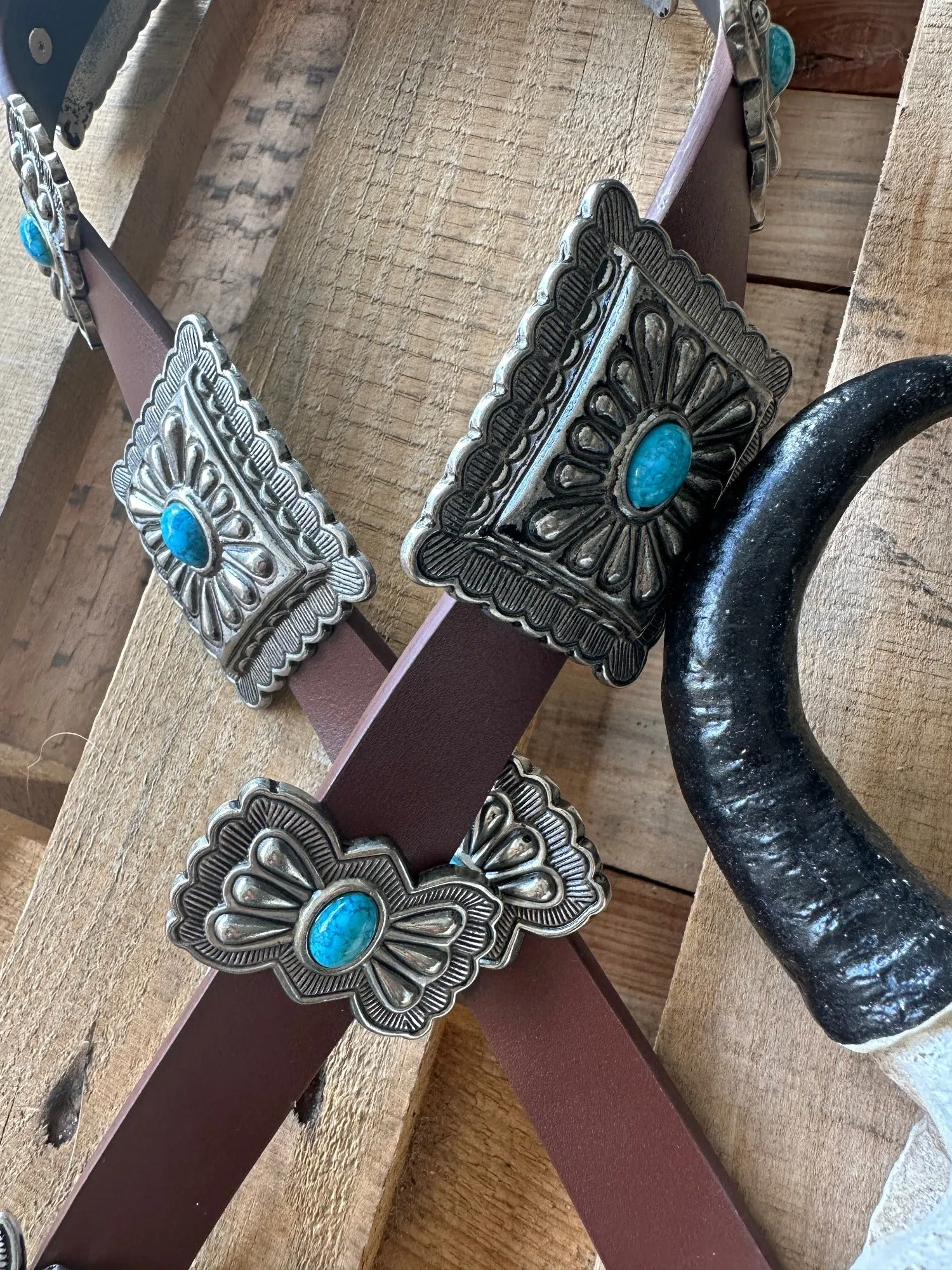 Bravado Antique Style Etched Silver Square Turquoise Stone Concho Belt