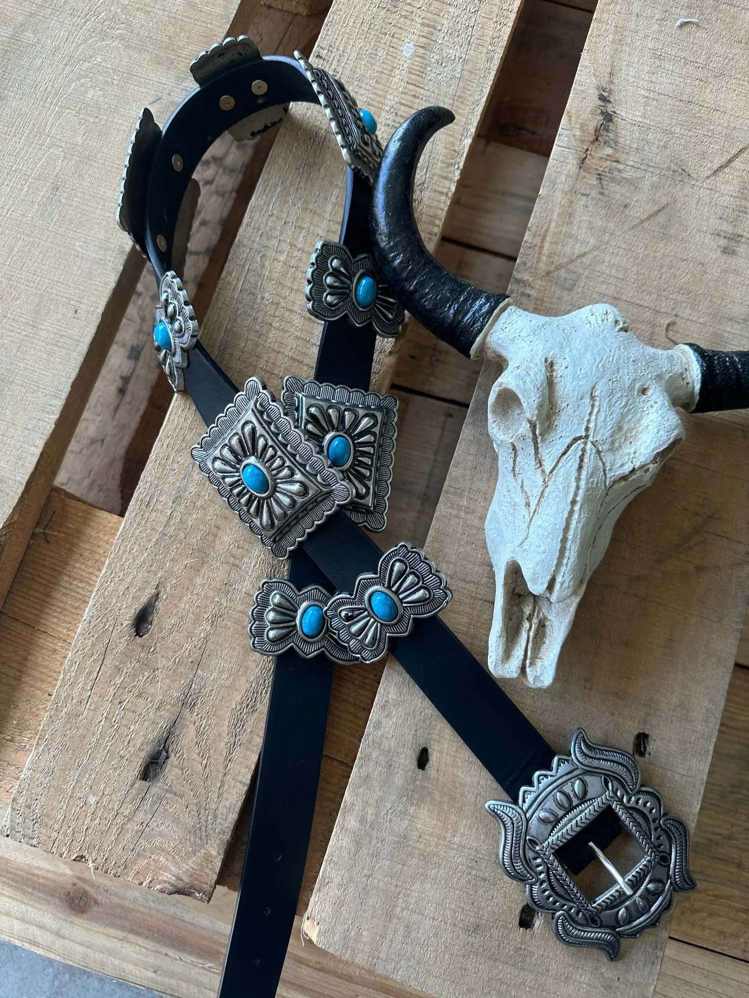 Bravado Antique Style Etched Silver Square Turquoise Stone Concho Belt