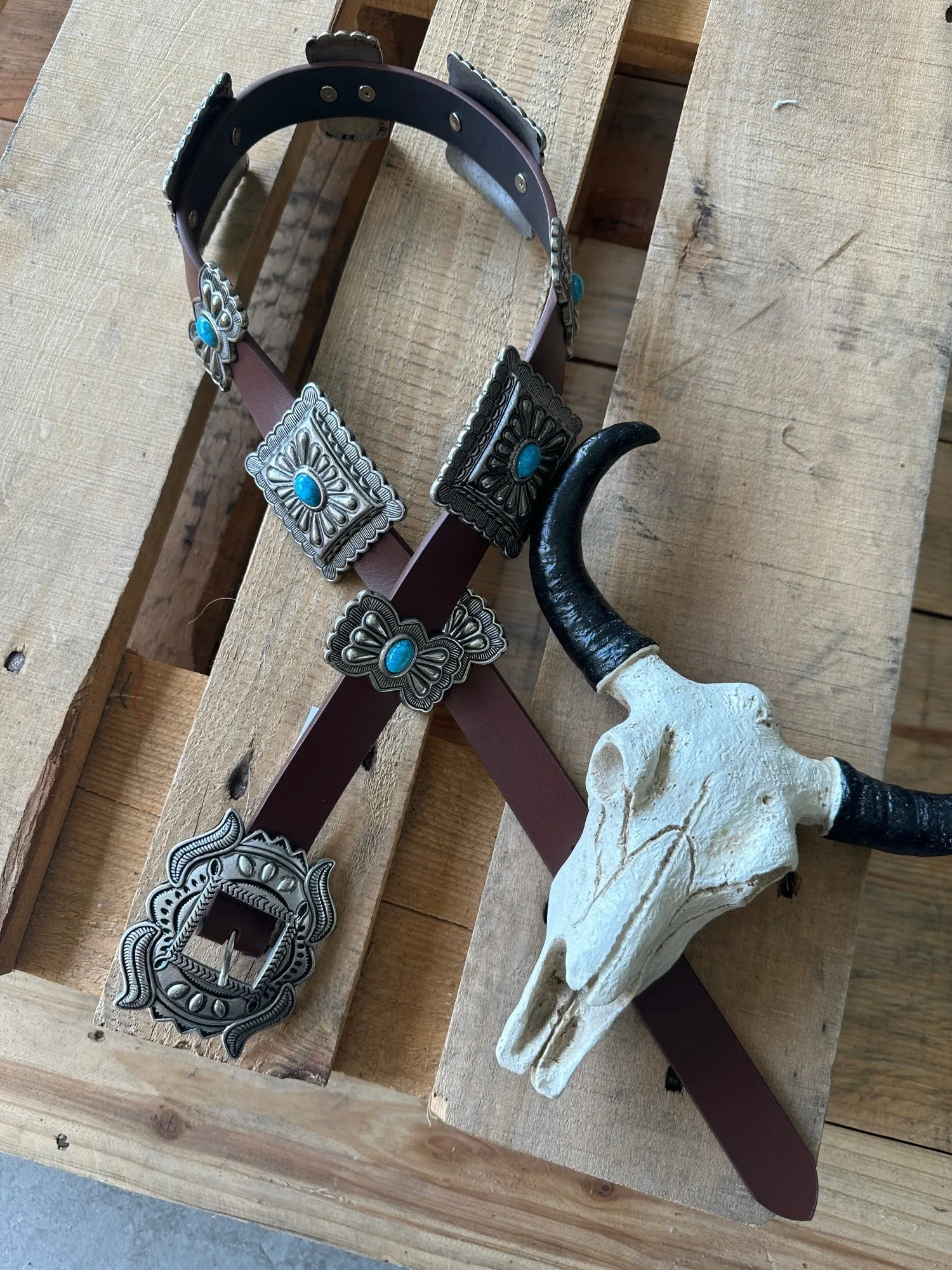 Bravado Antique Style Etched Silver Square Turquoise Stone Concho Belt