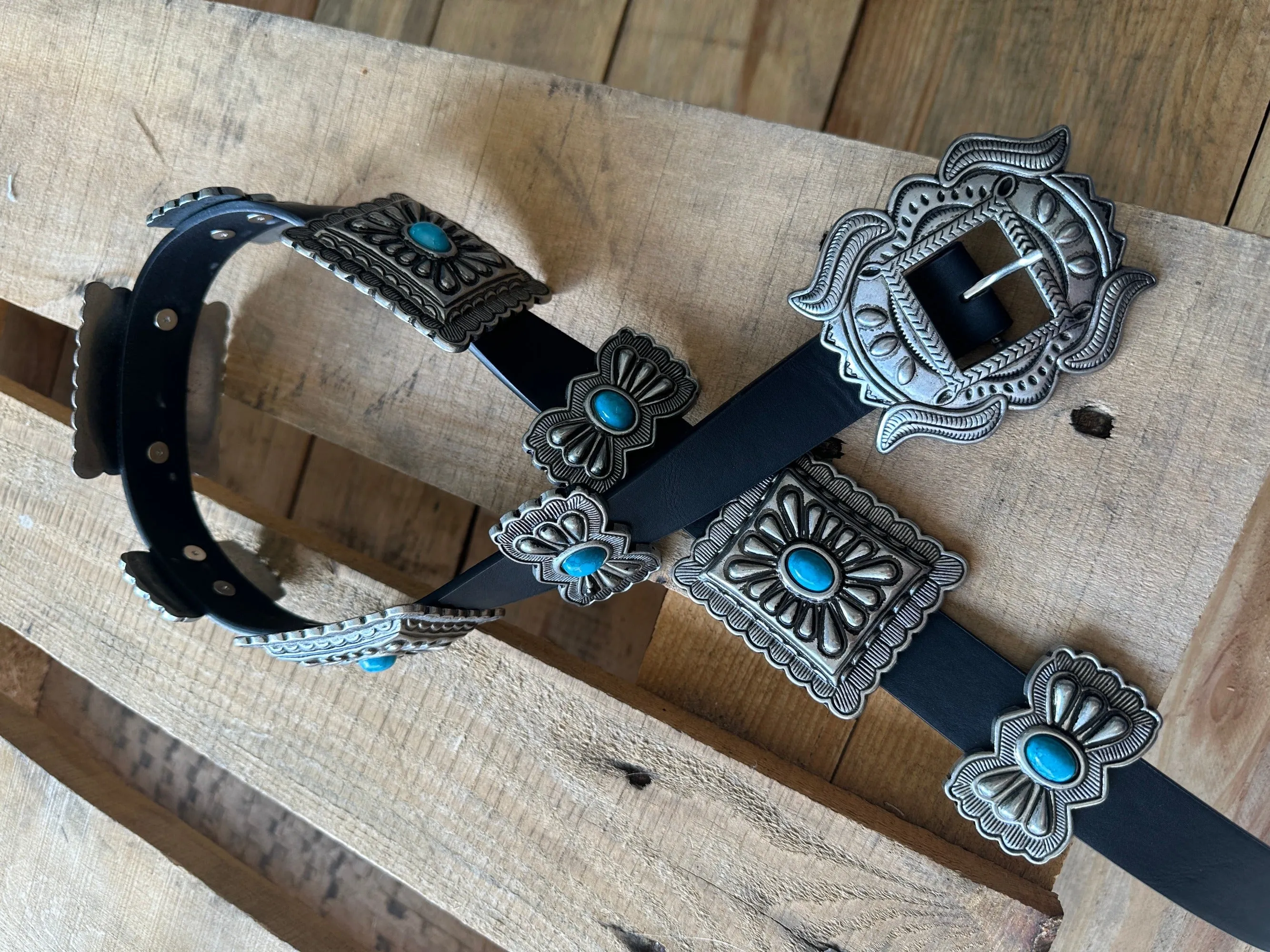 Bravado Antique Style Etched Silver Square Turquoise Stone Concho Belt