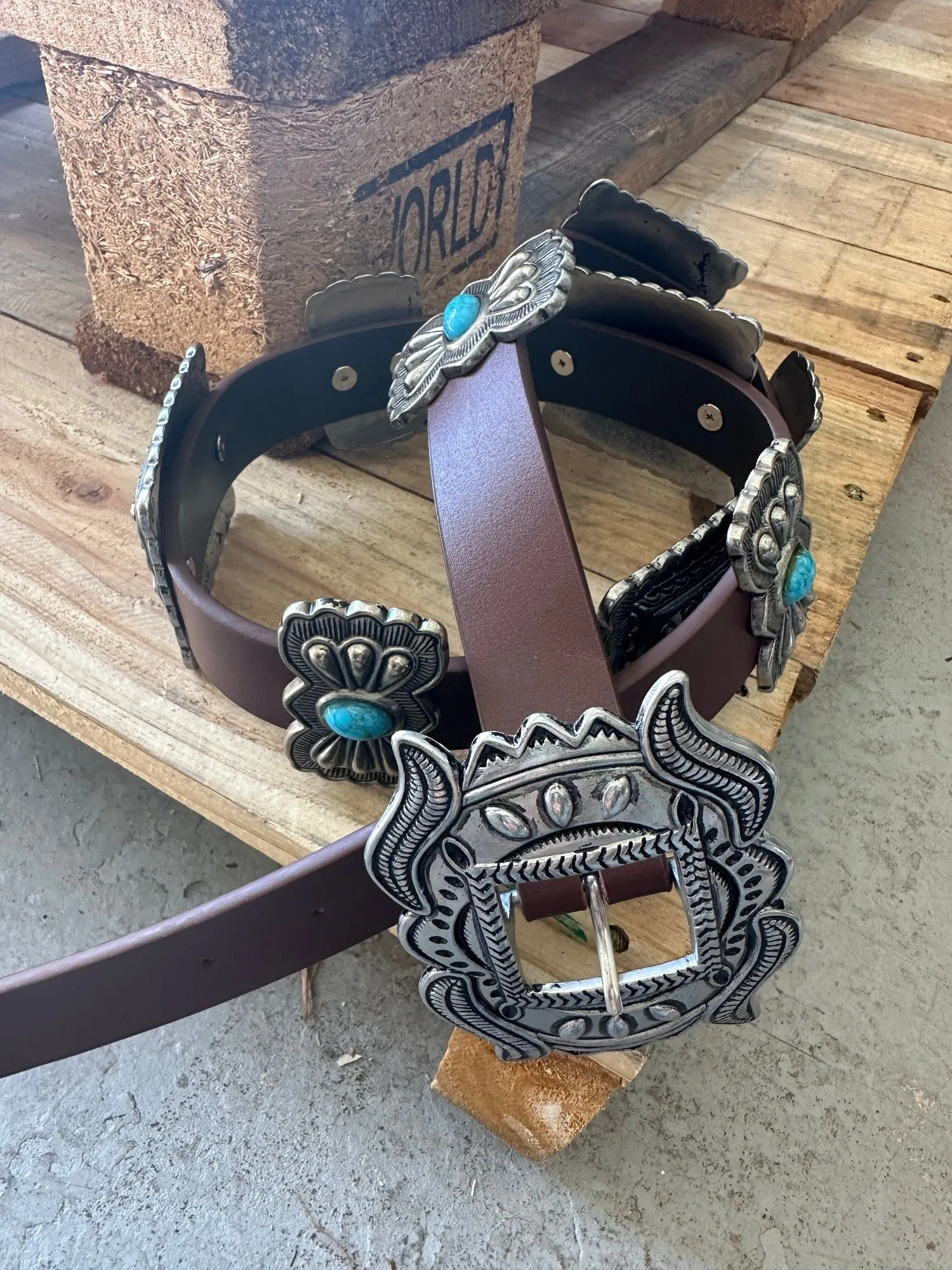 Bravado Antique Style Etched Silver Square Turquoise Stone Concho Belt