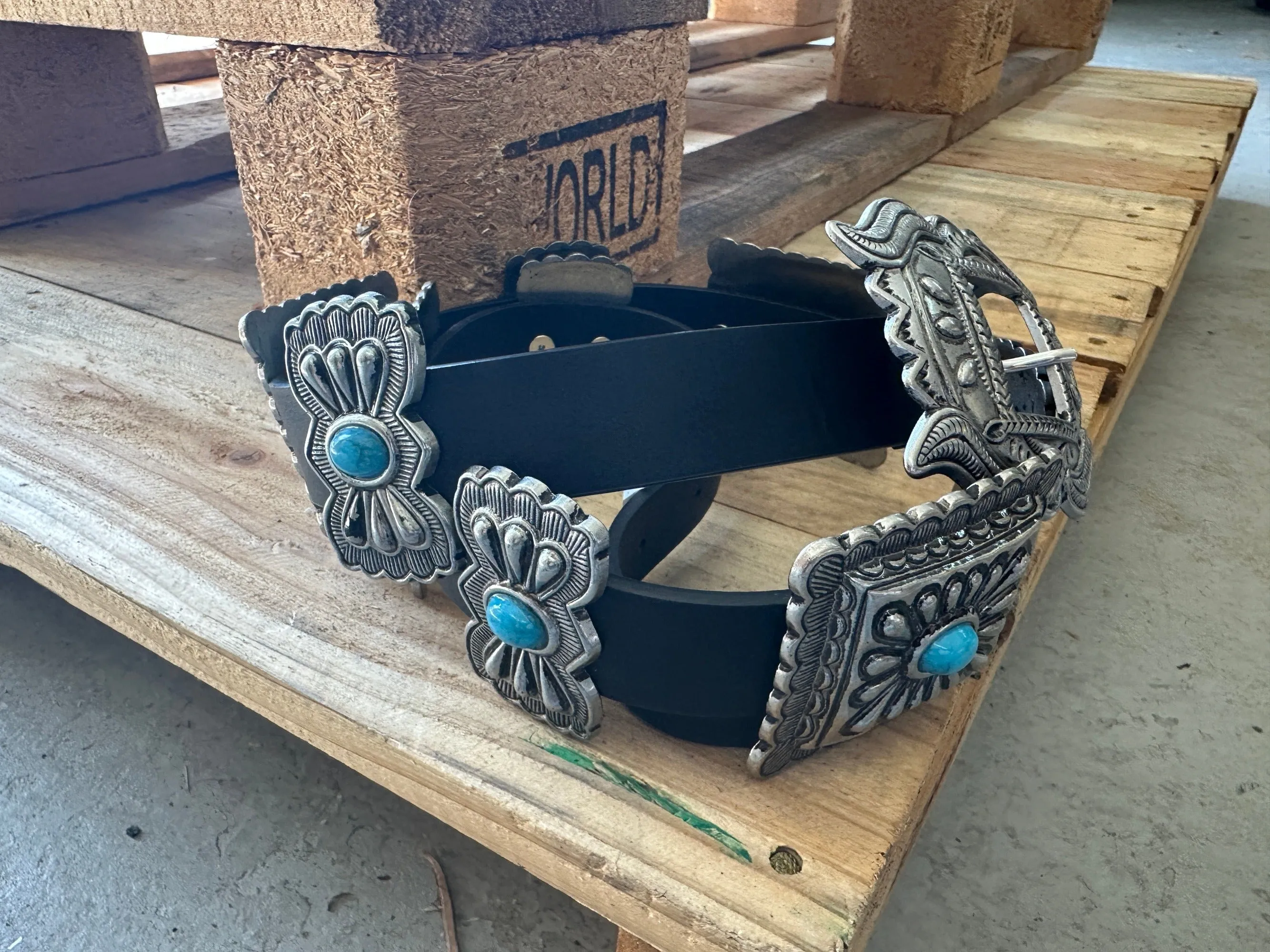 Bravado Antique Style Etched Silver Square Turquoise Stone Concho Belt