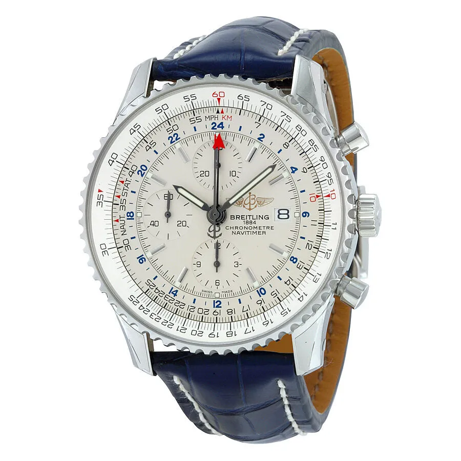 Breitling Navitimer World Chronograph Automatic Silver Dial Blue Leather Men's Watch A2432212-G571BLCD A2432212-G571-747P-A20D.1
