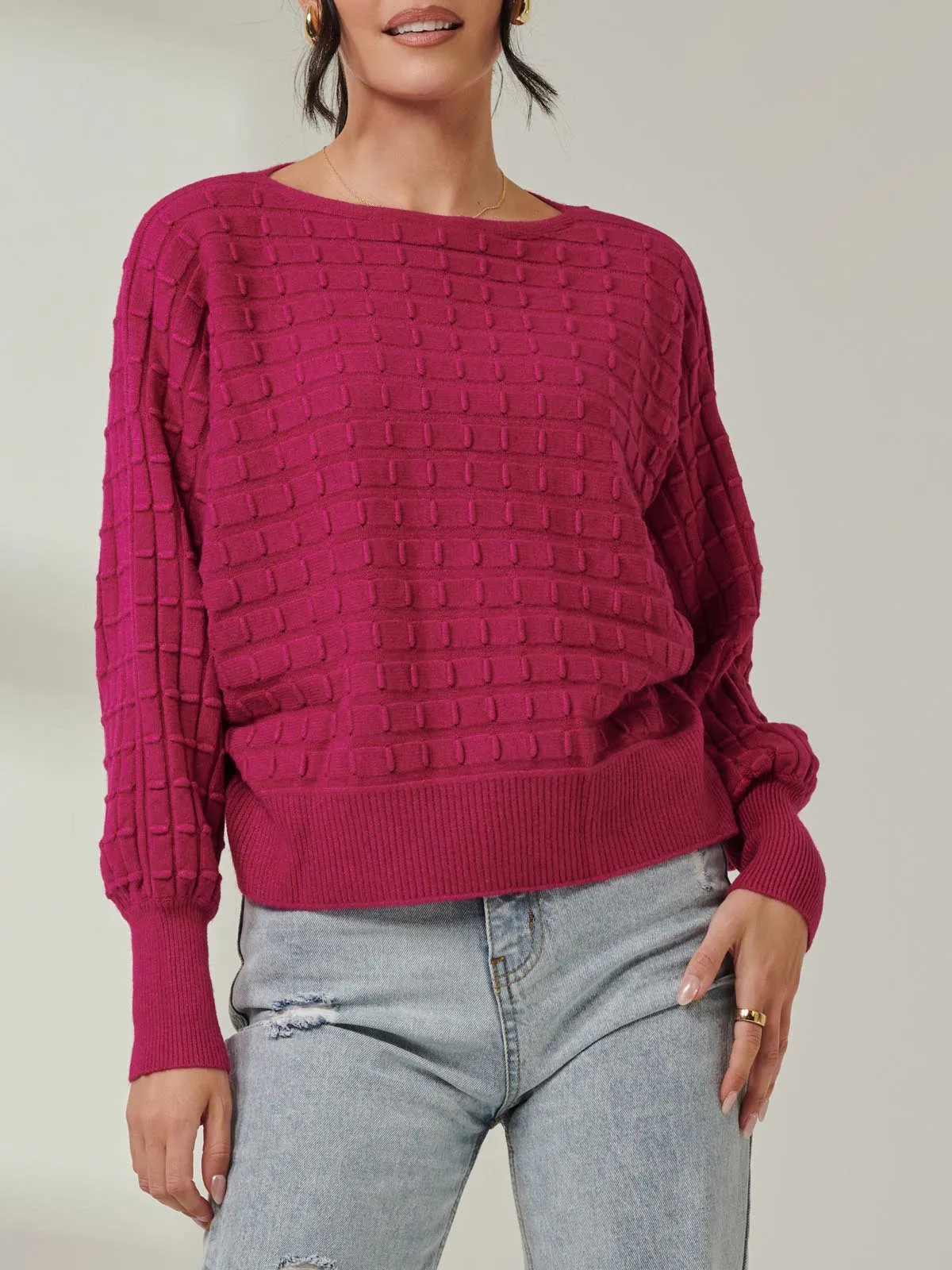 Bubble Stitch Batwing Knit Jumper, Raspberry