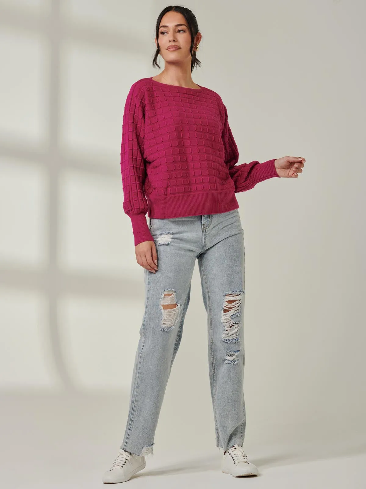 Bubble Stitch Batwing Knit Jumper, Raspberry