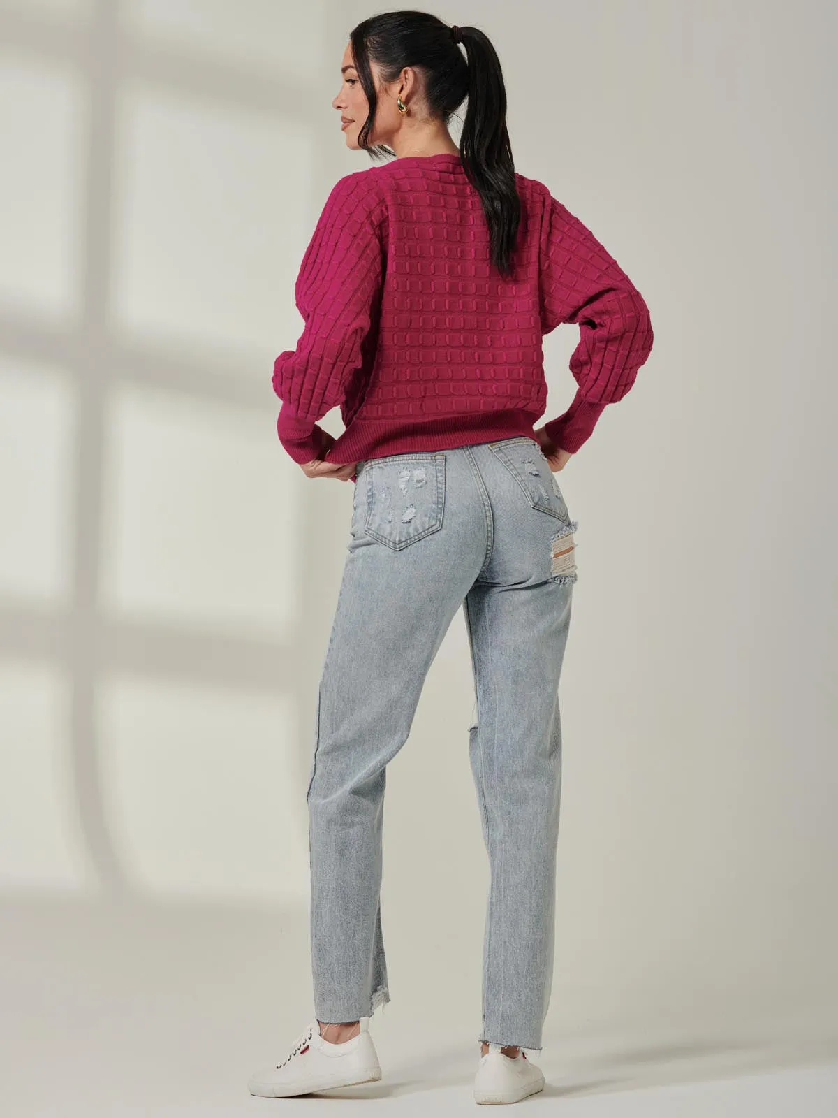 Bubble Stitch Batwing Knit Jumper, Raspberry