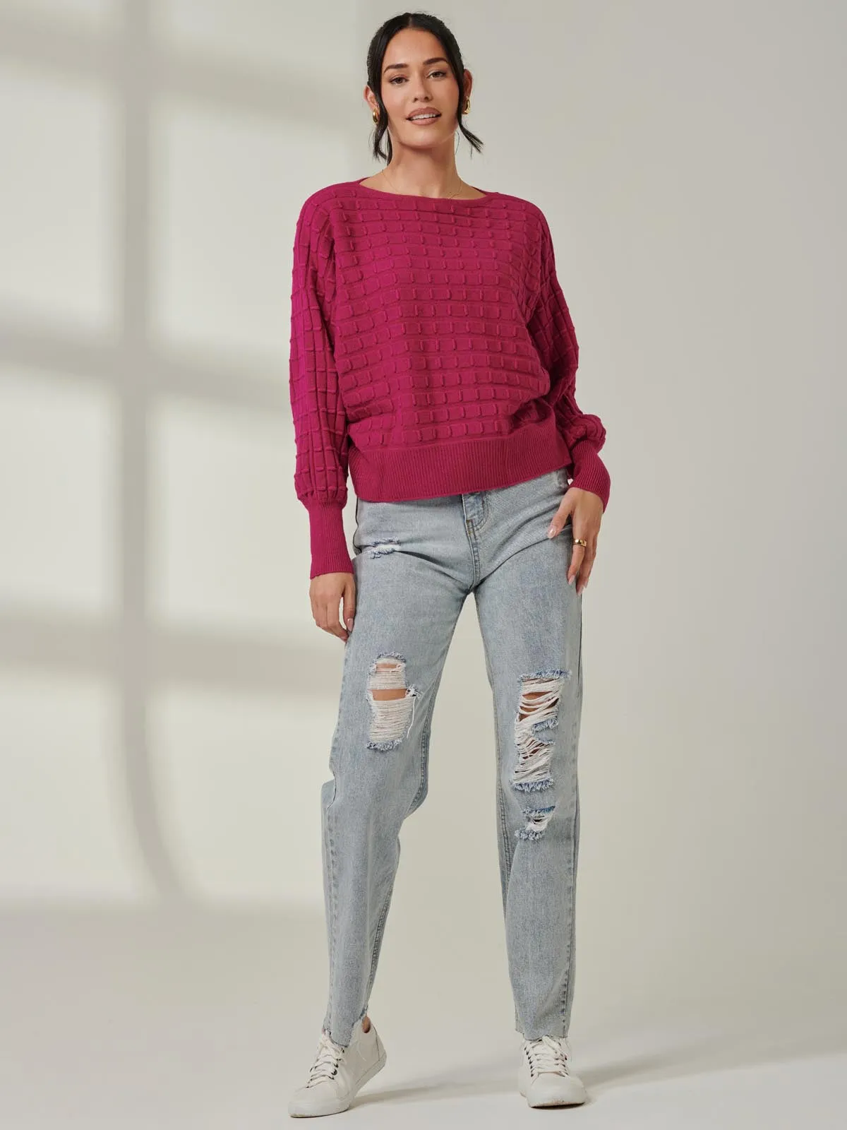 Bubble Stitch Batwing Knit Jumper, Raspberry