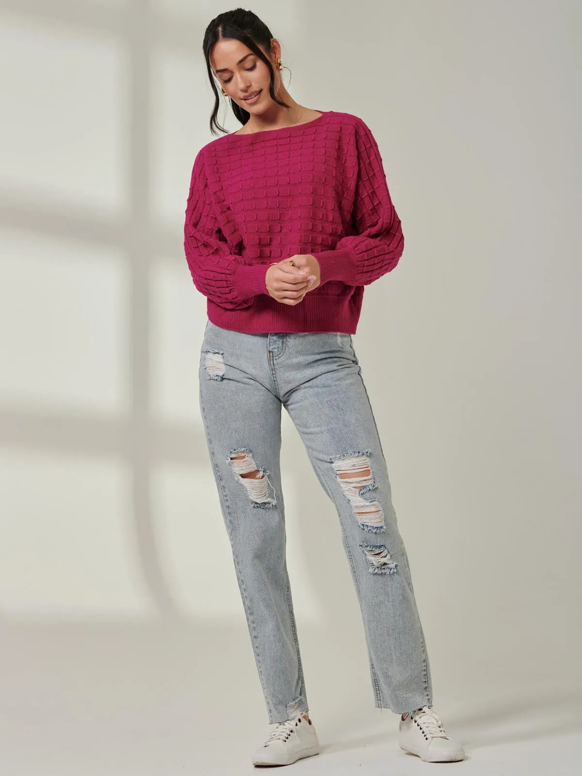 Bubble Stitch Batwing Knit Jumper, Raspberry