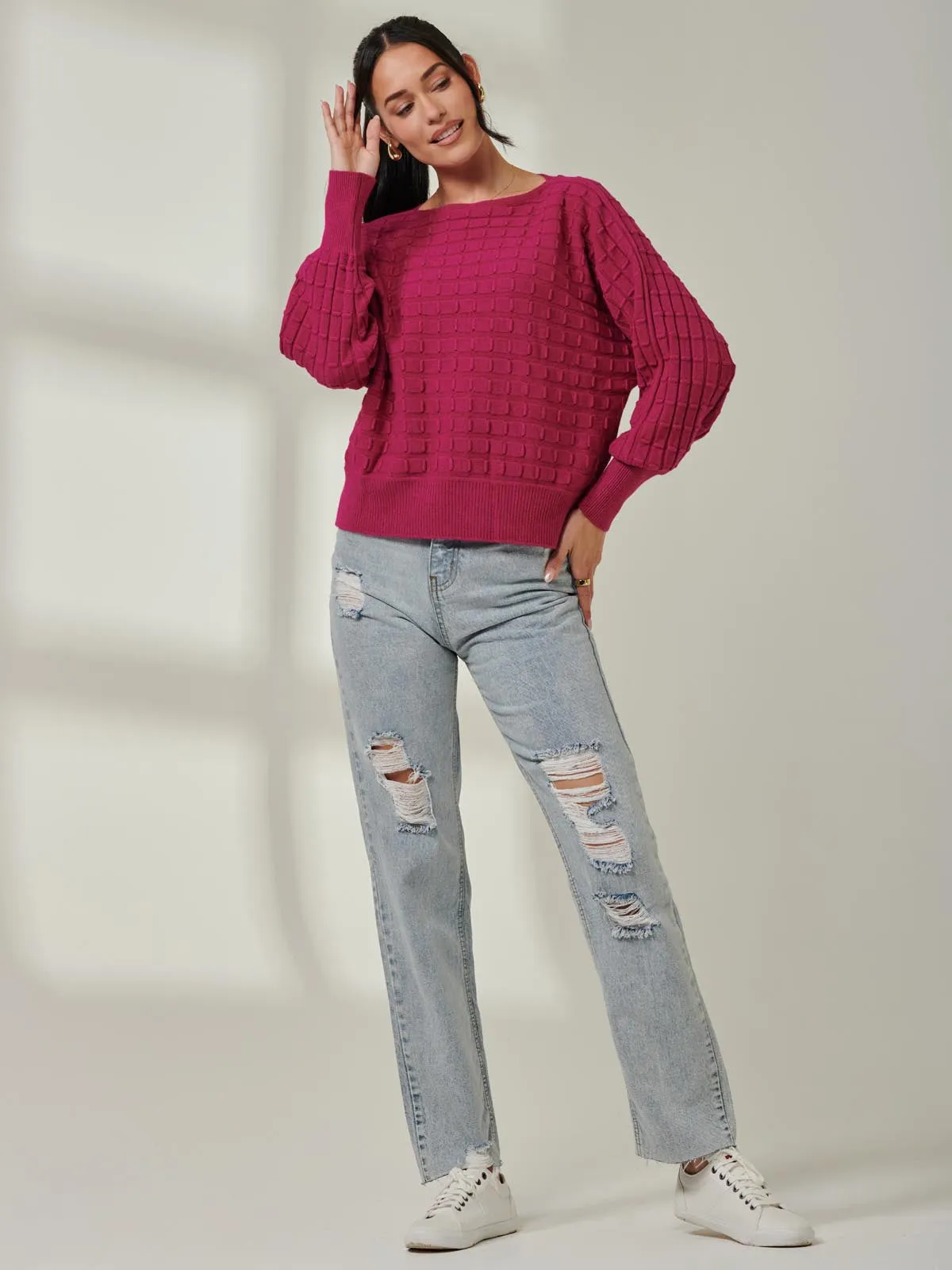 Bubble Stitch Batwing Knit Jumper, Raspberry