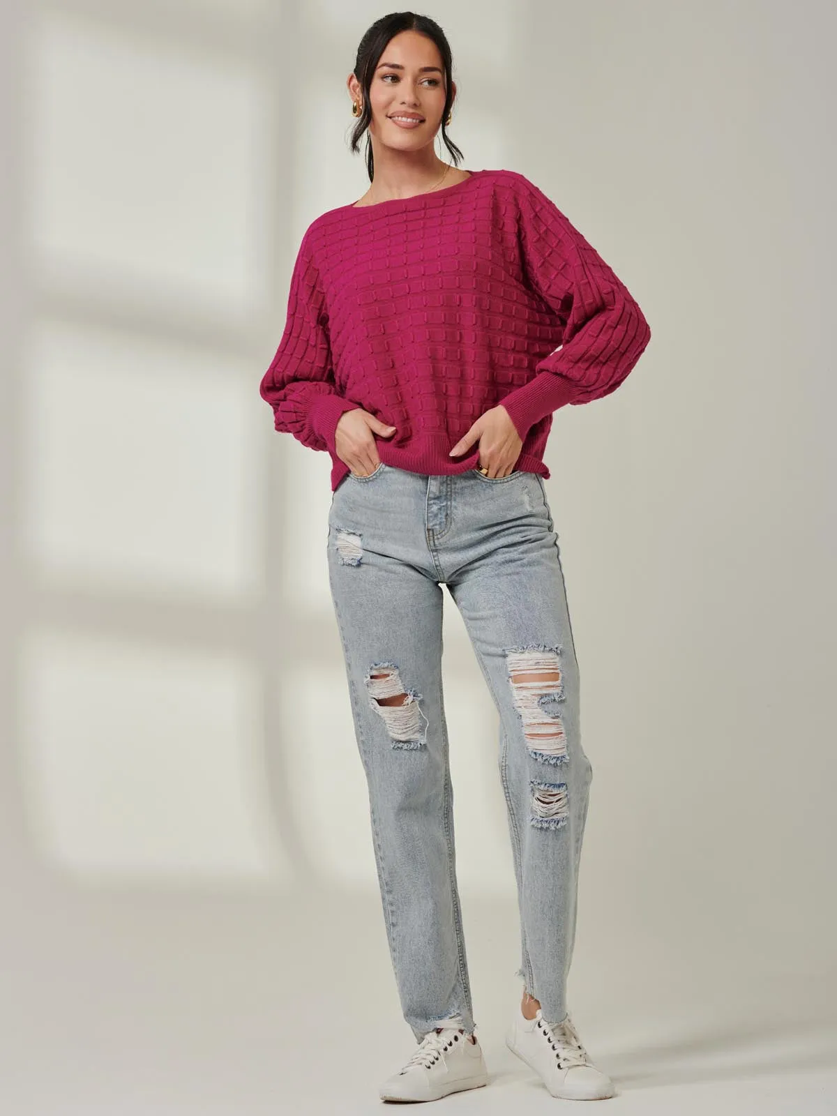 Bubble Stitch Batwing Knit Jumper, Raspberry