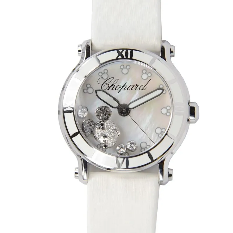 Chopard Happy Sport Diamond Mickey Mouse Mother Of Pearl Dial White Satin Ladies Watch 288524-3004