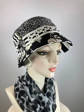 Cotton and Linen Summer Cloche Hat. Small Brim Hat for Women. Ladies Summer Travel Hat. Black White bucket hat. Mixed fabric casual hat.