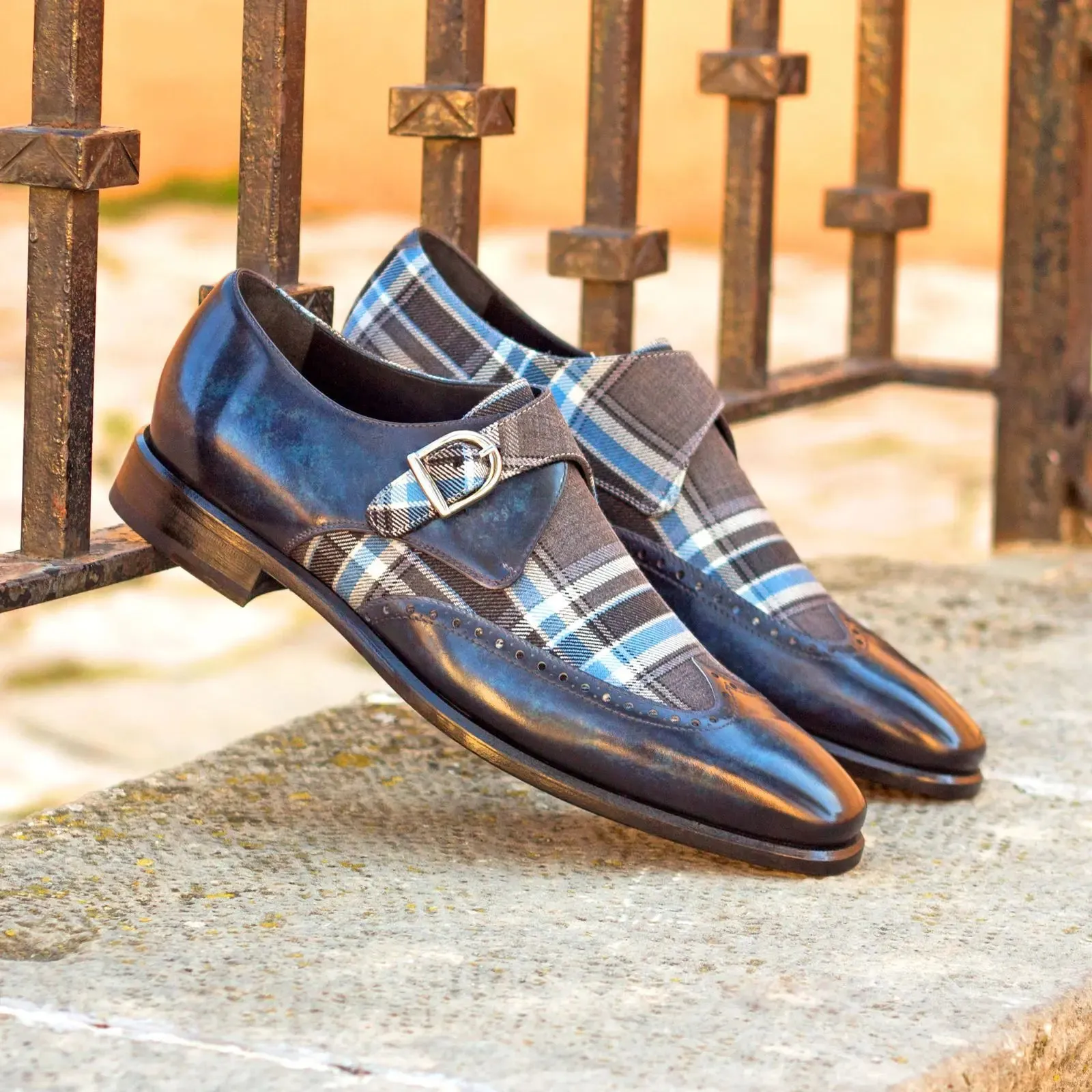 DapperFam Brenno in Plaid / Denim Men's Sartorial & Hand-Painted Patina Single Monk