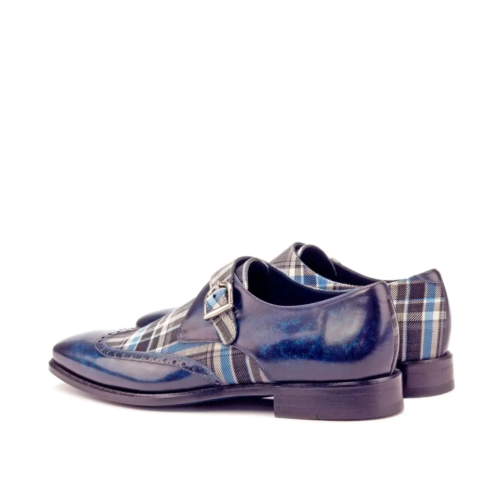 DapperFam Brenno in Plaid / Denim Men's Sartorial & Hand-Painted Patina Single Monk