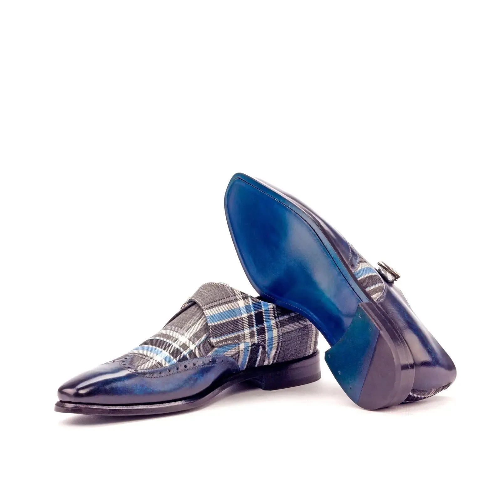 DapperFam Brenno in Plaid / Denim Men's Sartorial & Hand-Painted Patina Single Monk