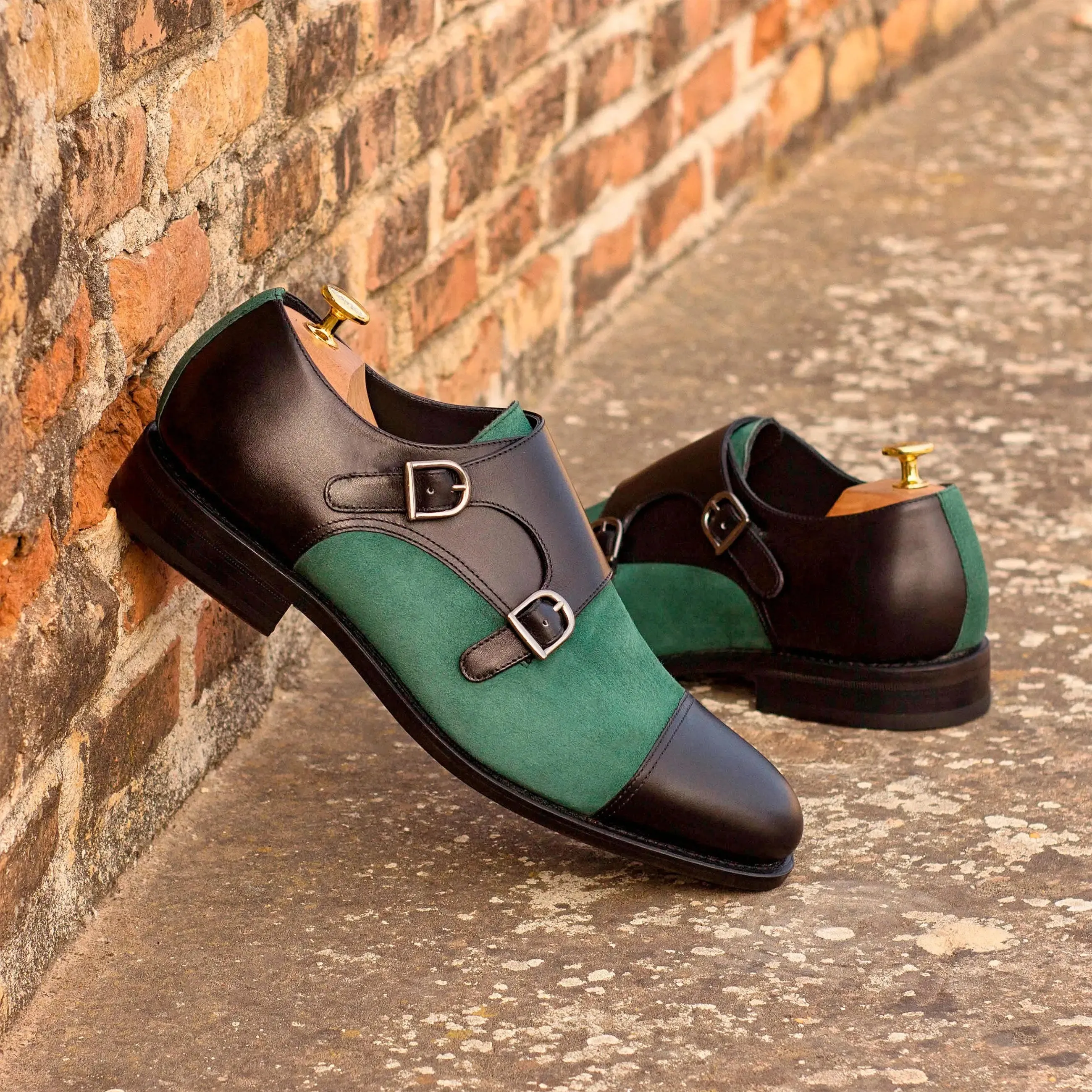 DapperFam Monaco in Black / Forest Men's Italian Leather & Italian Suede Double Monk