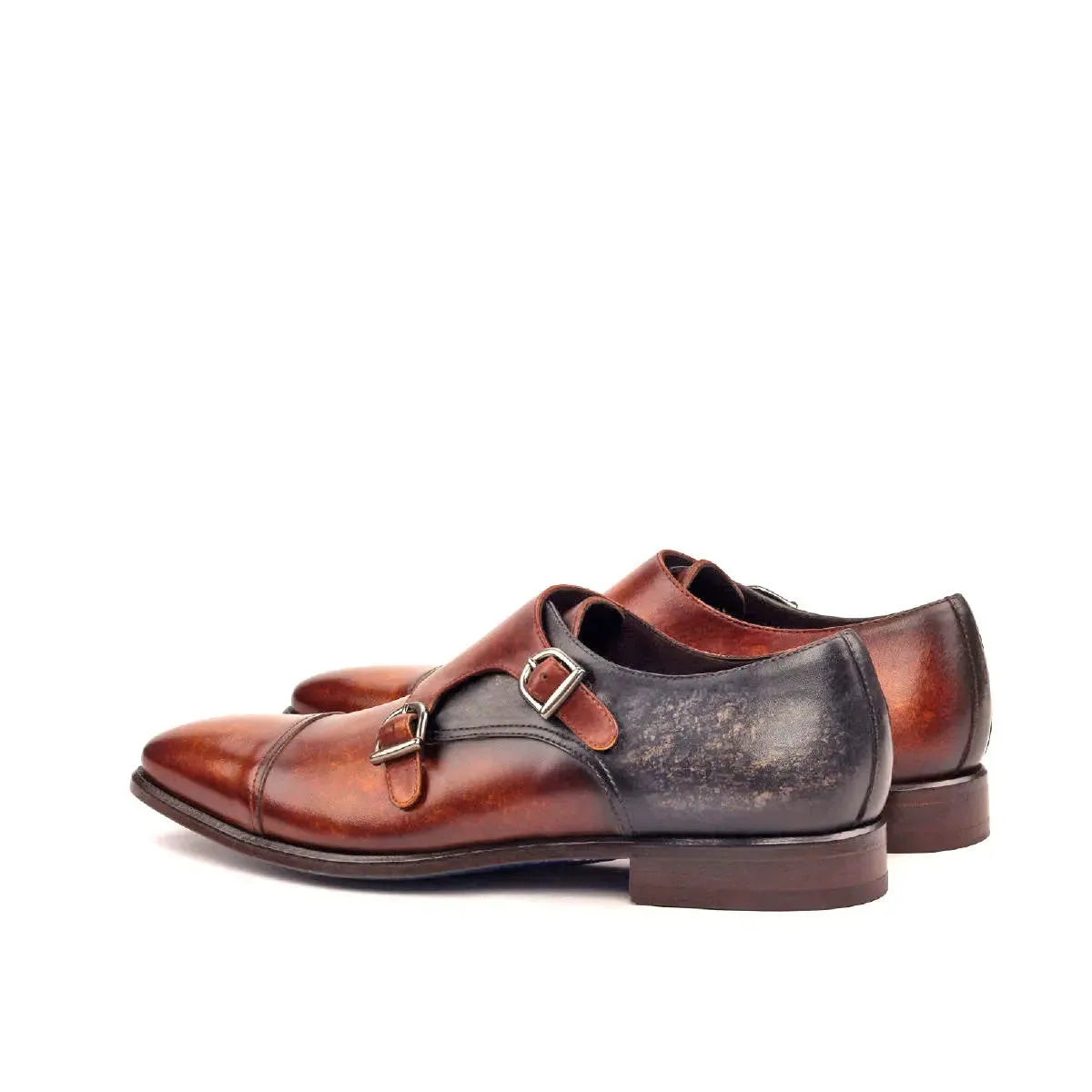DapperFam Monaco in Cognac / Grey Men's Hand-Painted Patina Double Monk