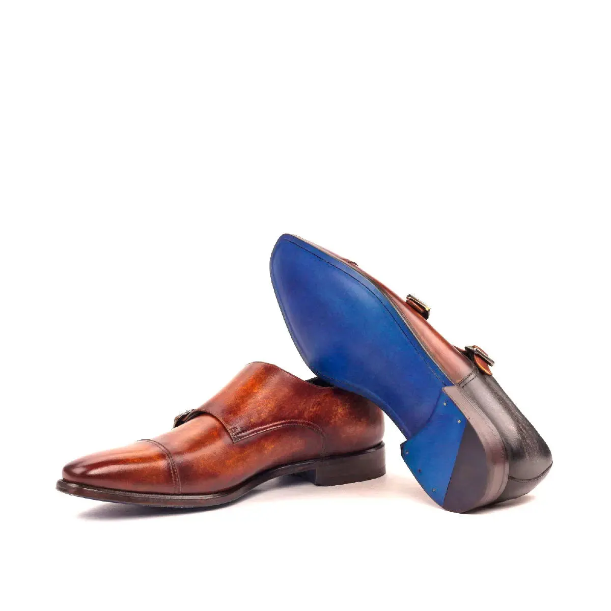 DapperFam Monaco in Cognac / Grey Men's Hand-Painted Patina Double Monk