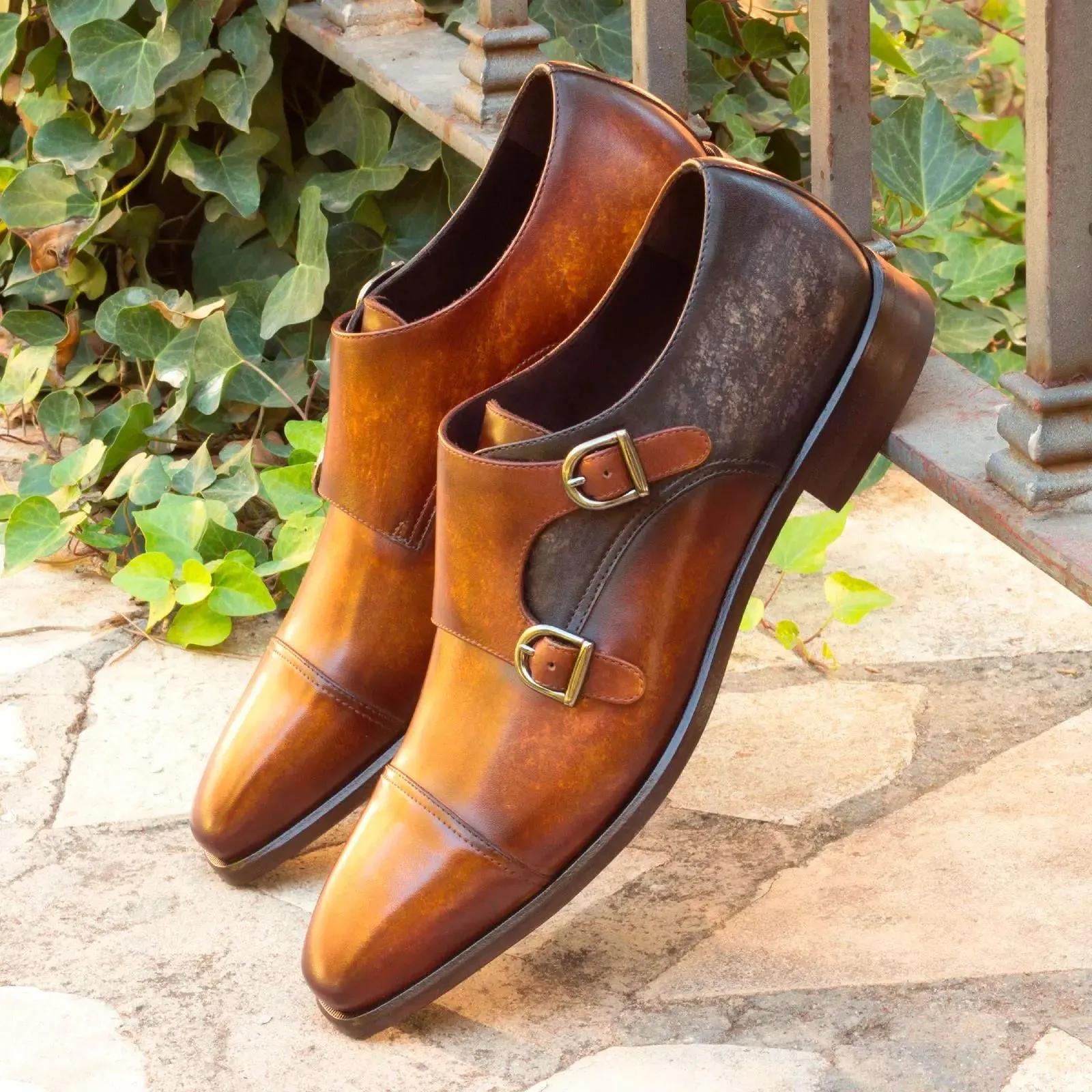 DapperFam Monaco in Cognac / Grey Men's Hand-Painted Patina Double Monk