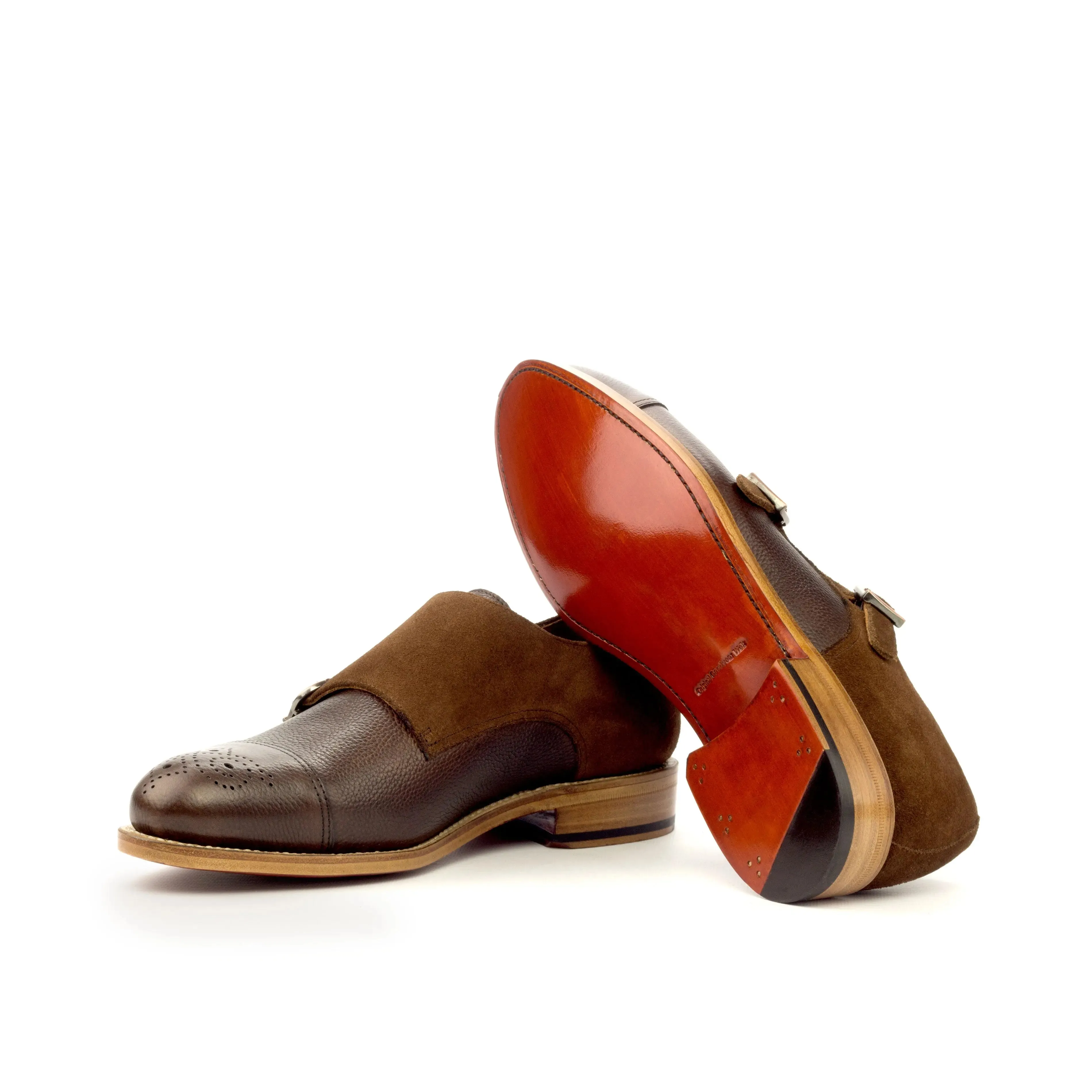 DapperFam Monaco in Med Brown / Dark Brown Men's Lux Suede & Italian Full Grain Leather Double Monk