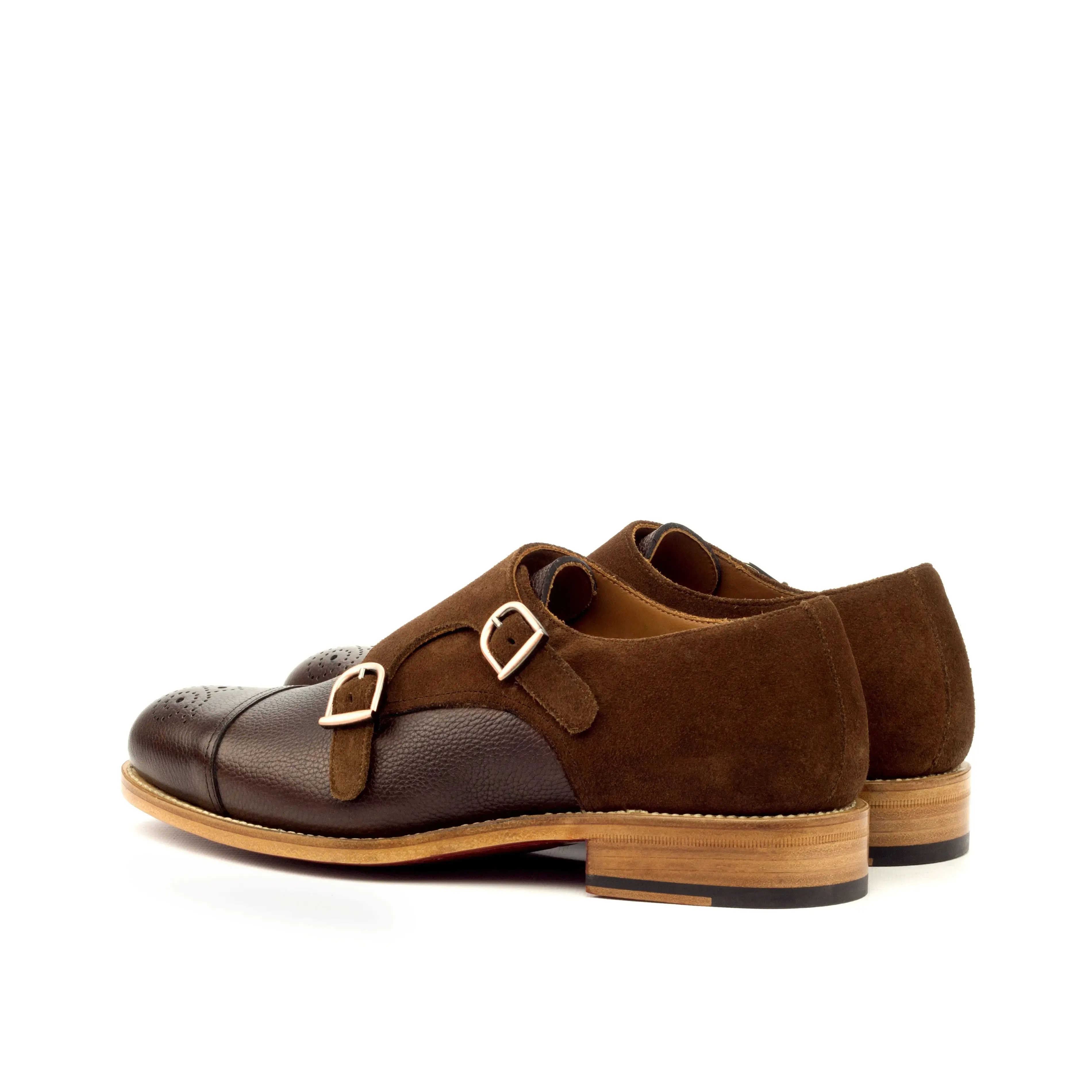 DapperFam Monaco in Med Brown / Dark Brown Men's Lux Suede & Italian Full Grain Leather Double Monk
