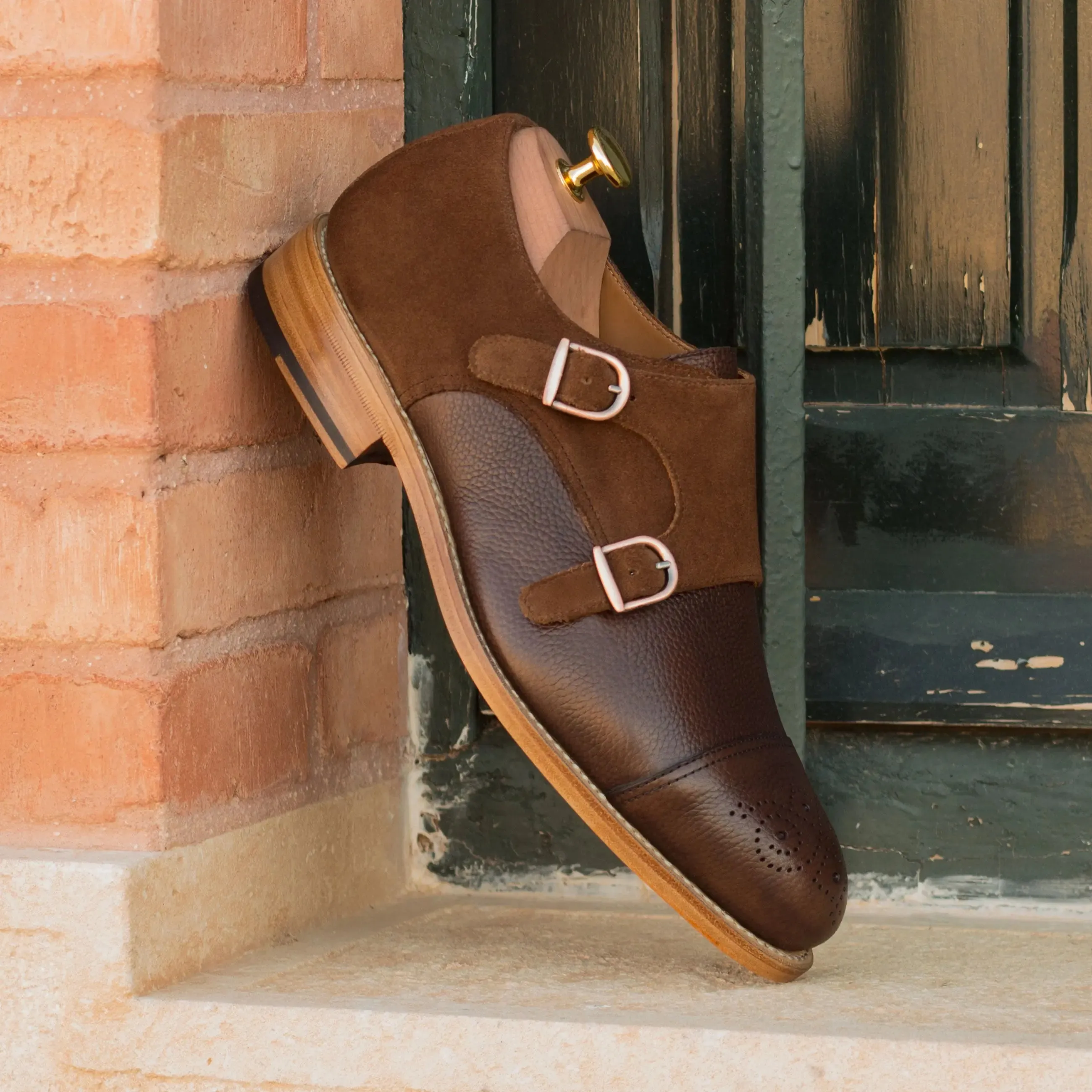 DapperFam Monaco in Med Brown / Dark Brown Men's Lux Suede & Italian Full Grain Leather Double Monk