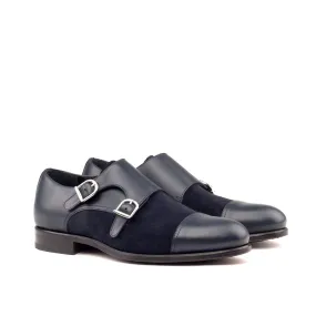 DapperFam Monaco in Navy Men's Italian Leather & Lux Suede Double Monk