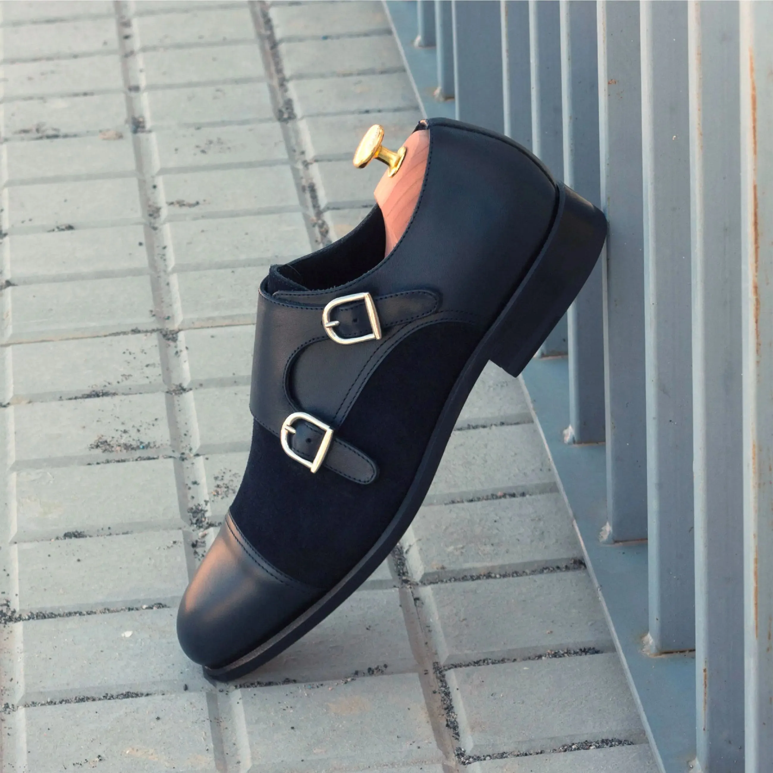 DapperFam Monaco in Navy Men's Italian Leather & Lux Suede Double Monk