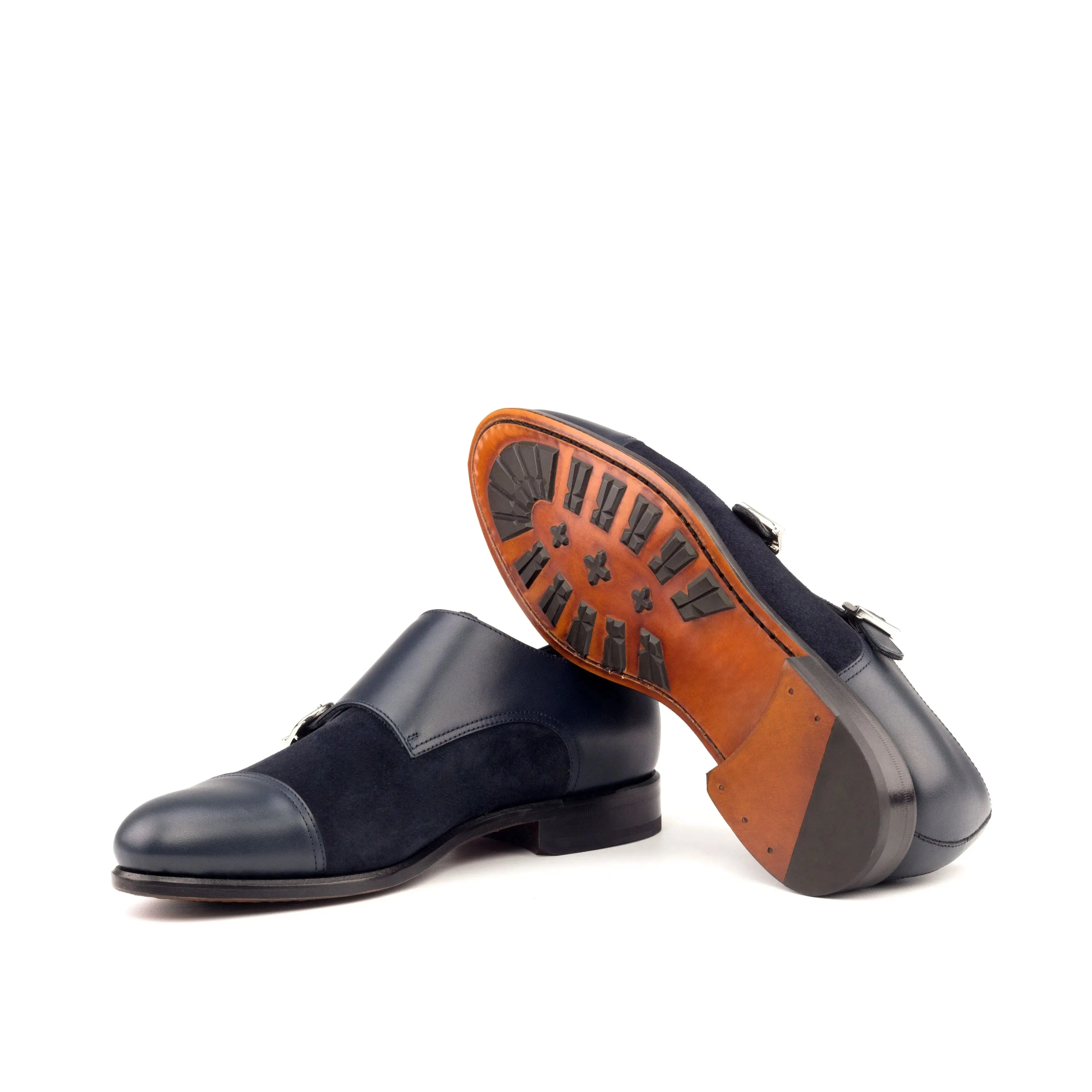 DapperFam Monaco in Navy Men's Italian Leather & Lux Suede Double Monk
