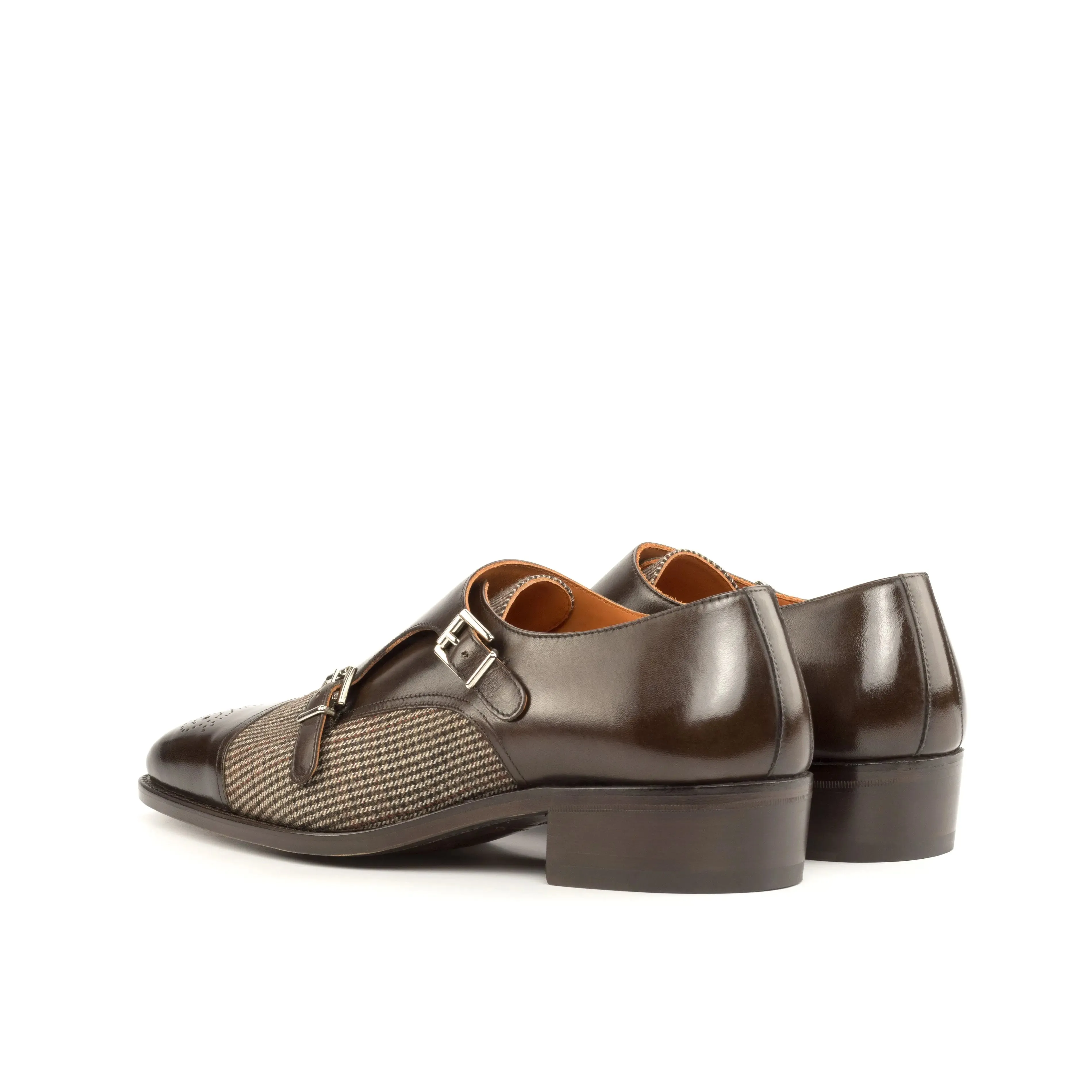 DapperFam Monaco in Tweed / Dark Brown Men's Sartorial & Italian Leather Double Monk