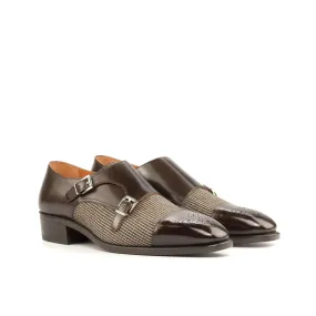 DapperFam Monaco in Tweed / Dark Brown Men's Sartorial & Italian Leather Double Monk