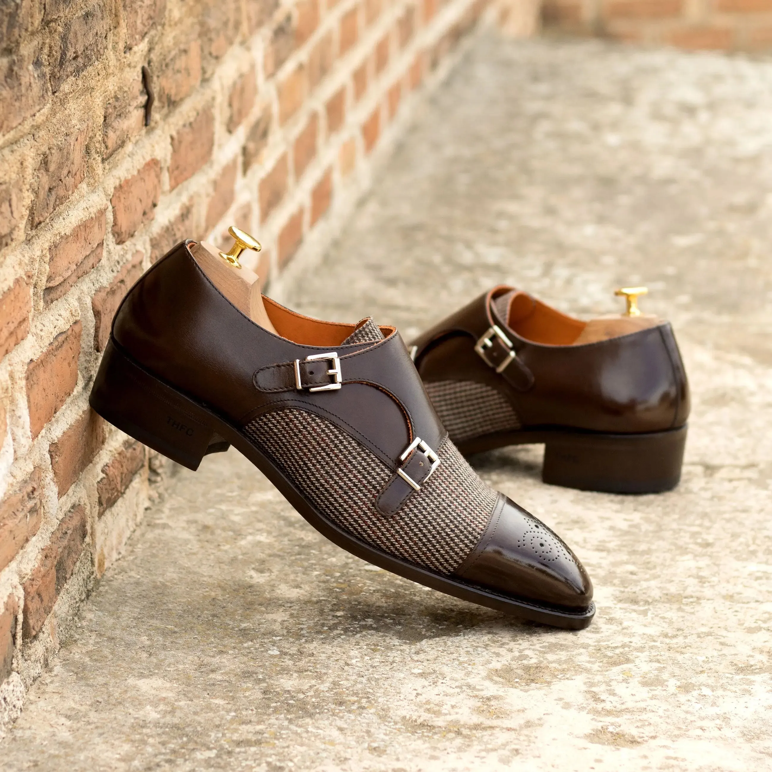 DapperFam Monaco in Tweed / Dark Brown Men's Sartorial & Italian Leather Double Monk