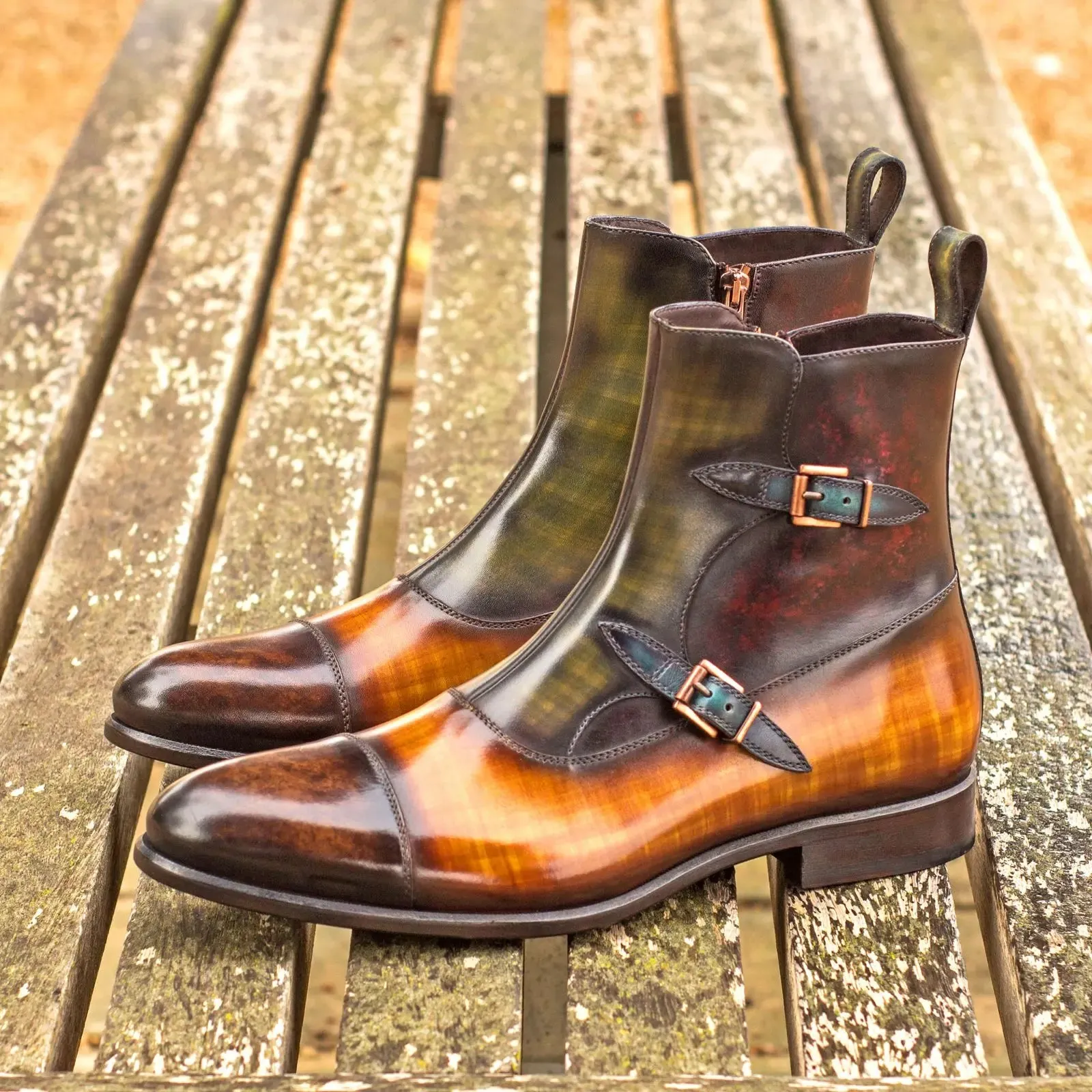 DapperFam Octavian in Cognac / Khaki / Brown / Burgundy / Turq Men's Hand-Painted Patina Buckle Bootuoise