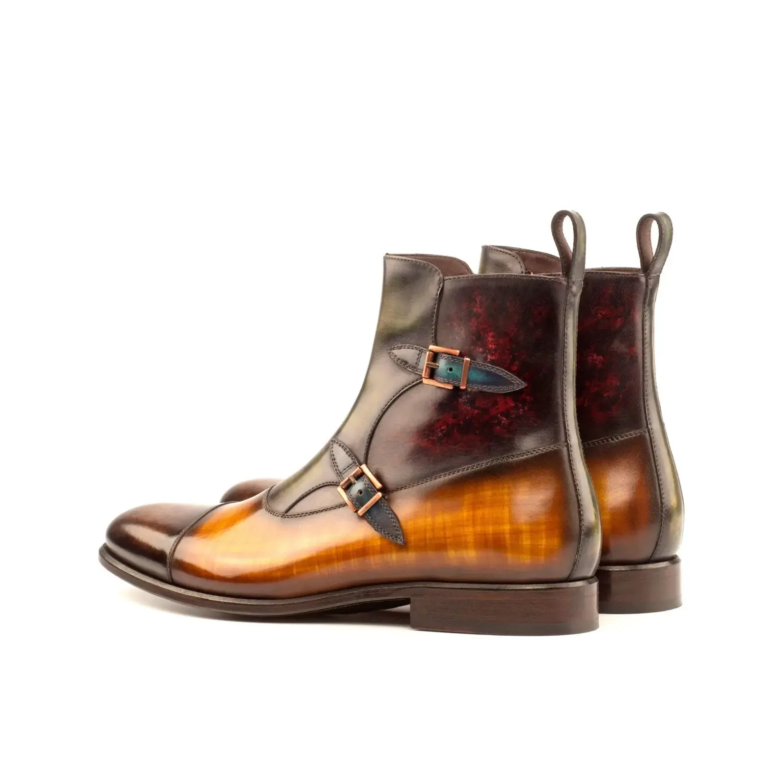 DapperFam Octavian in Cognac / Khaki / Brown / Burgundy / Turq Men's Hand-Painted Patina Buckle Bootuoise