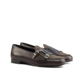 DapperFam Rialto in Brown / Dark Brown / Black Men's Flannel & Italian Leather Monk Slipper