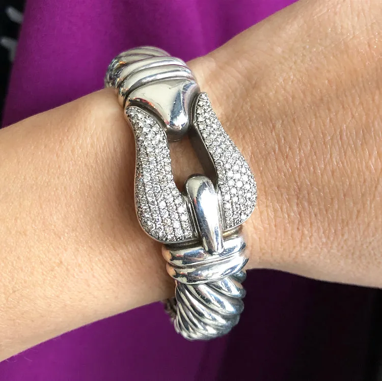 David Yurman Sterling and Pave Diamond 15mm Cable Buckle Bracelet