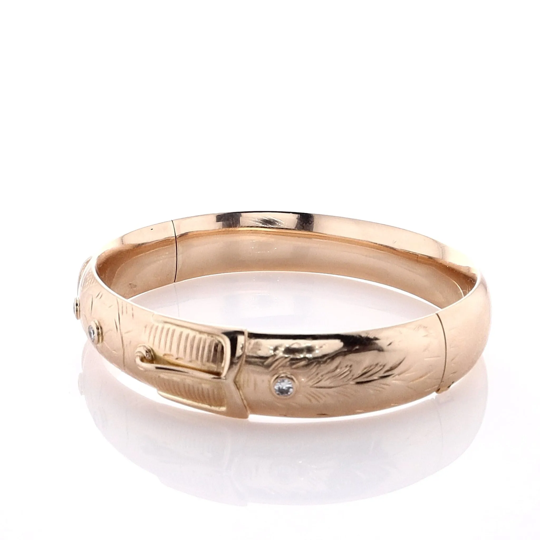 Estate 14k Yellow Gold Engraved Buckle Design Diamond Hinged Bangle Bracelet