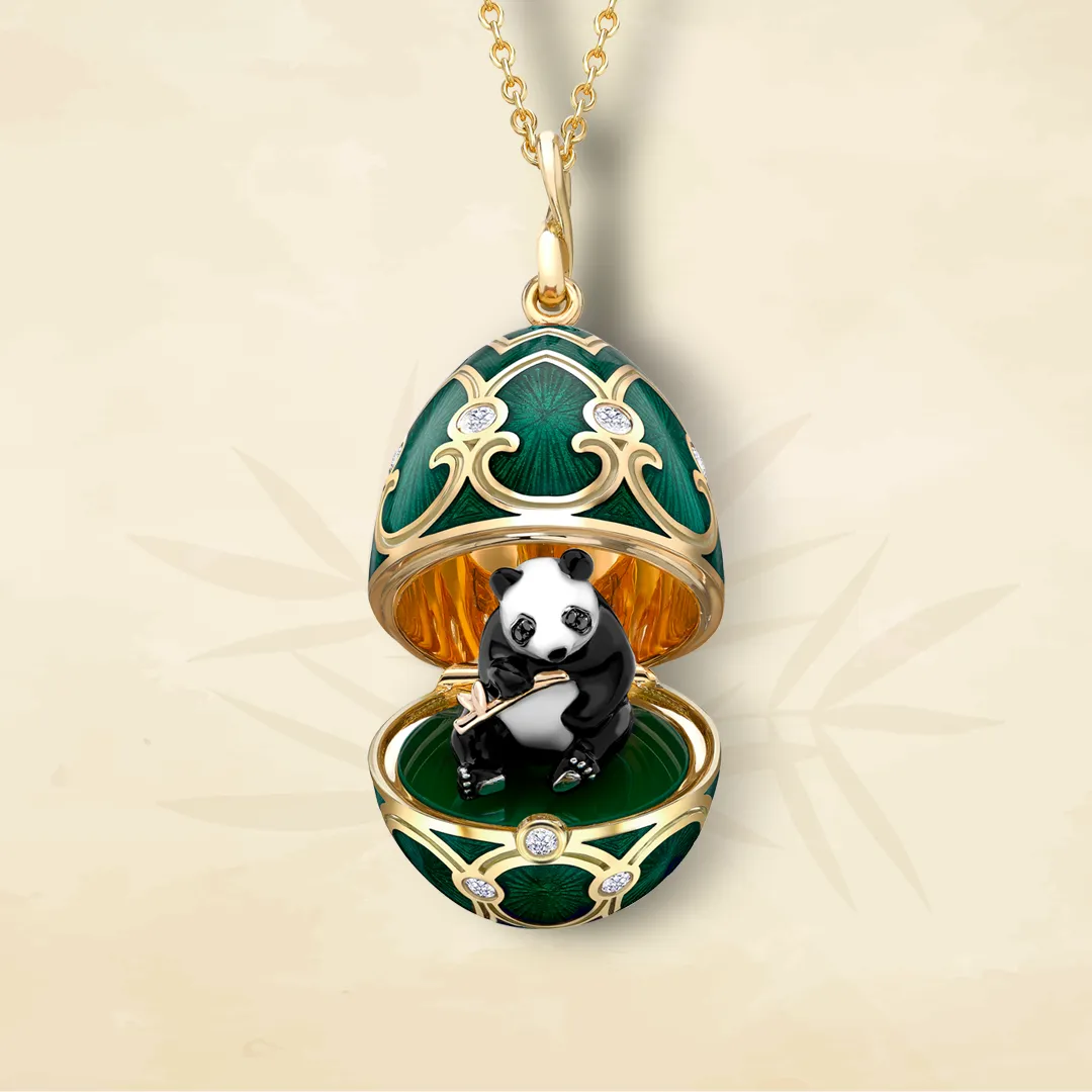 Faberge Tsarskoye Selo Yellow White Rose Gold Enamel Locket with Panda Surprise