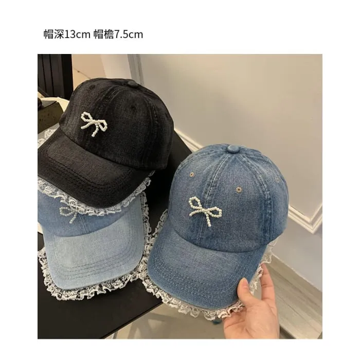 Faux Pearl Beaded Bow Ruffle Denim Baseball Cap