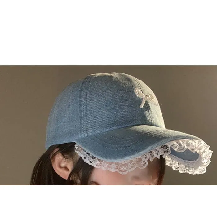 Faux Pearl Beaded Bow Ruffle Denim Baseball Cap