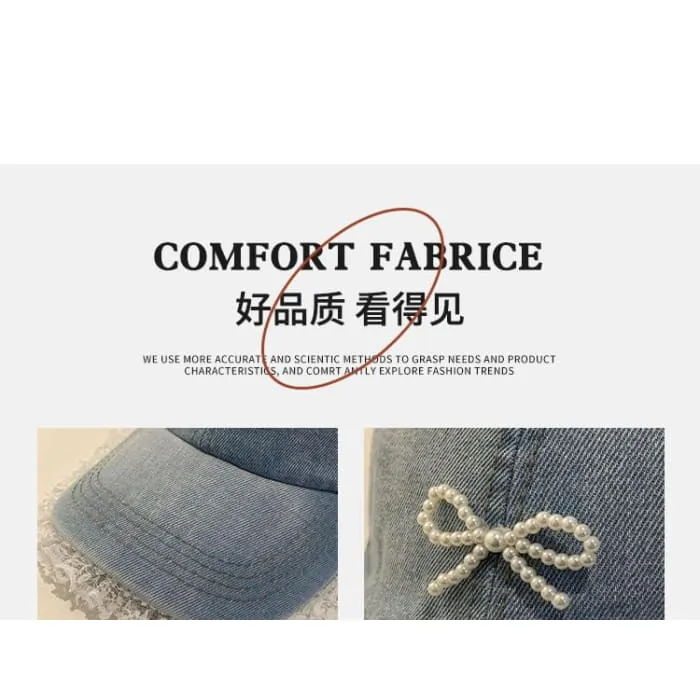 Faux Pearl Beaded Bow Ruffle Denim Baseball Cap