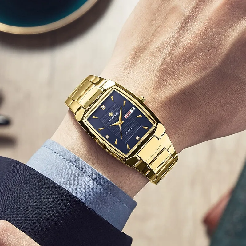 Gold Quartz Stainless Steel Sport Square Clock Waterproof Week and Date Watches