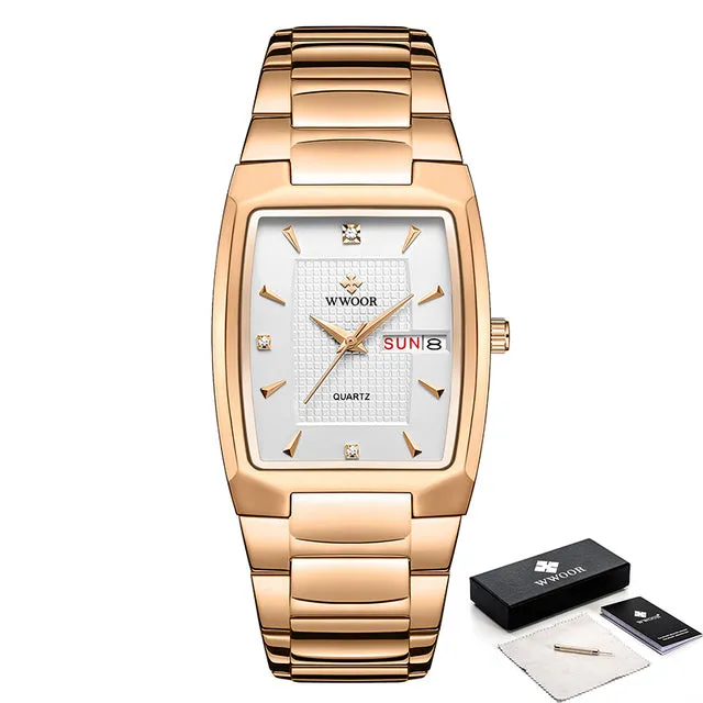 Gold Quartz Stainless Steel Sport Square Clock Waterproof Week and Date Watches