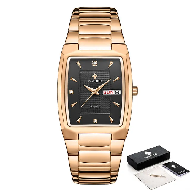Gold Quartz Stainless Steel Sport Square Clock Waterproof Week and Date Watches