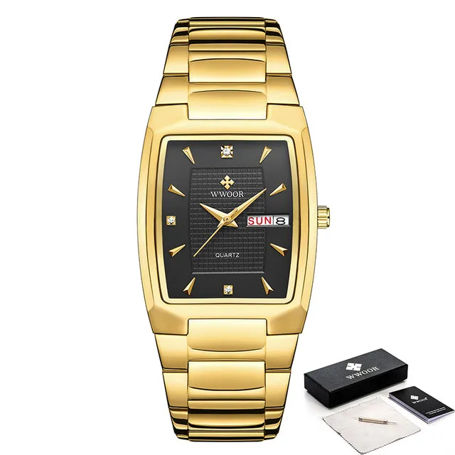 Gold Quartz Stainless Steel Sport Square Clock Waterproof Week and Date Watches