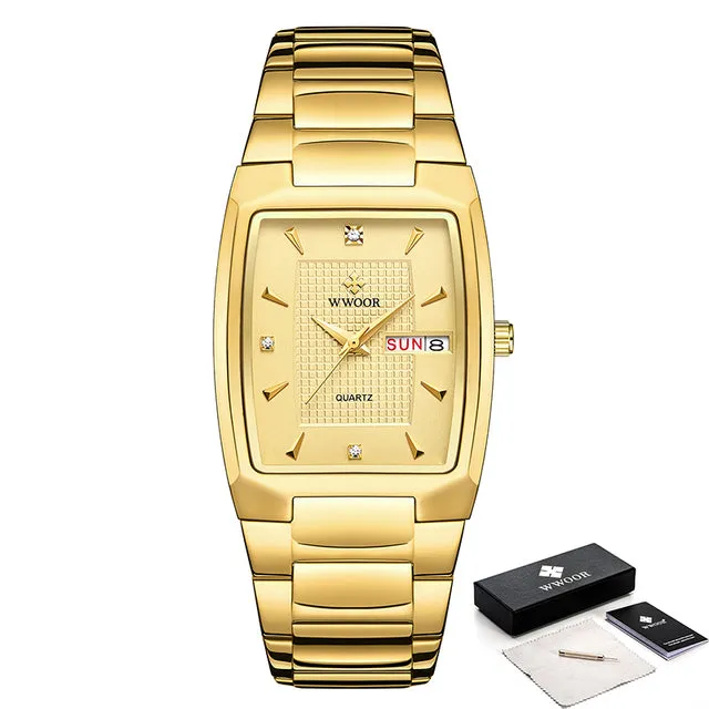 Gold Quartz Stainless Steel Sport Square Clock Waterproof Week and Date Watches