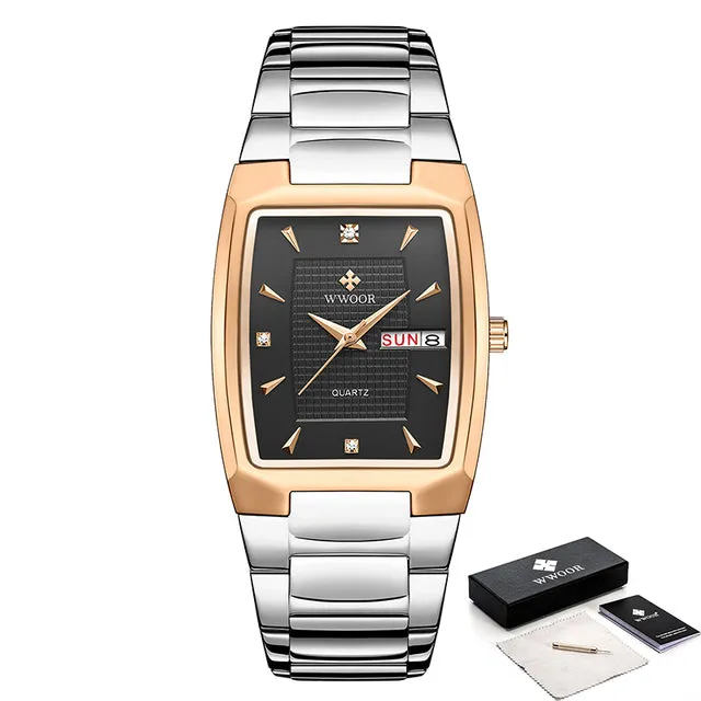 Gold Quartz Stainless Steel Sport Square Clock Waterproof Week and Date Watches