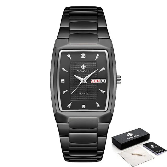 Gold Quartz Stainless Steel Sport Square Clock Waterproof Week and Date Watches